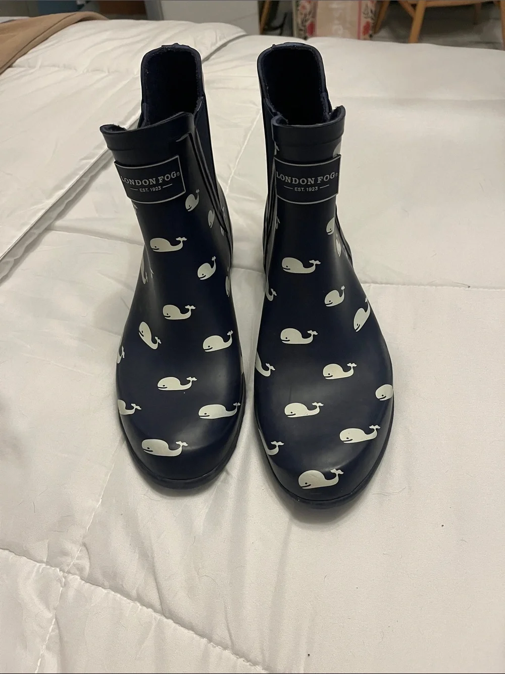 London Fog Navy Rain Boots with White Whale Print